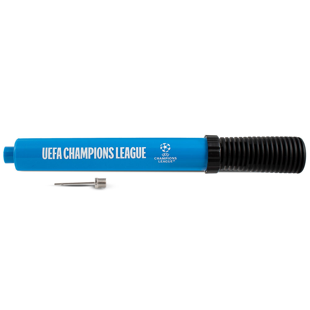 UEFA Champions League large blue dual action hand pump with a white crest and text on a header card