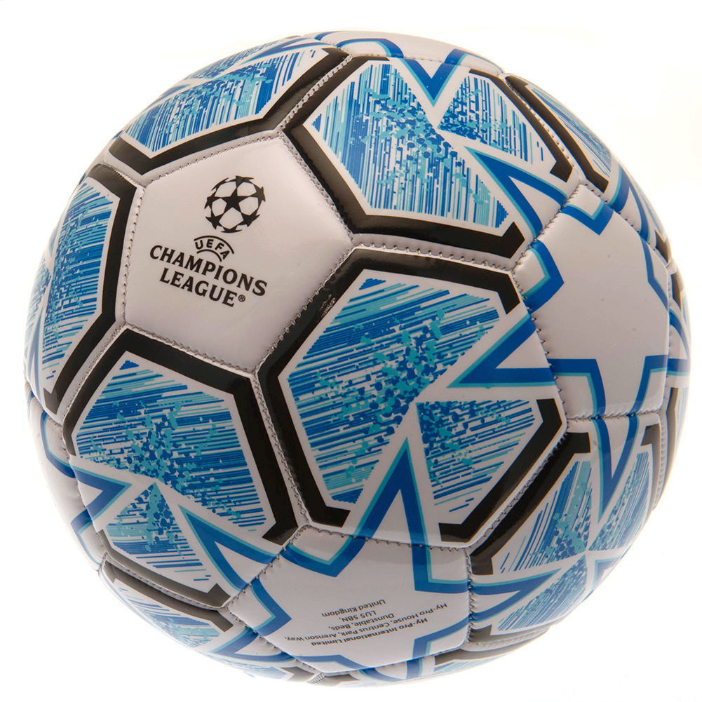 UEFA Champions League football in white and blue tones with the Champions League logo and white stars