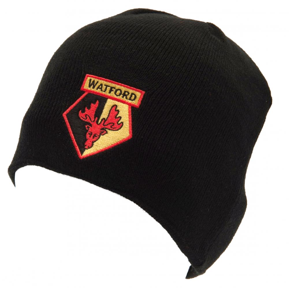 Watford FC black dome style knitted beanie with a full colour embroidered crest