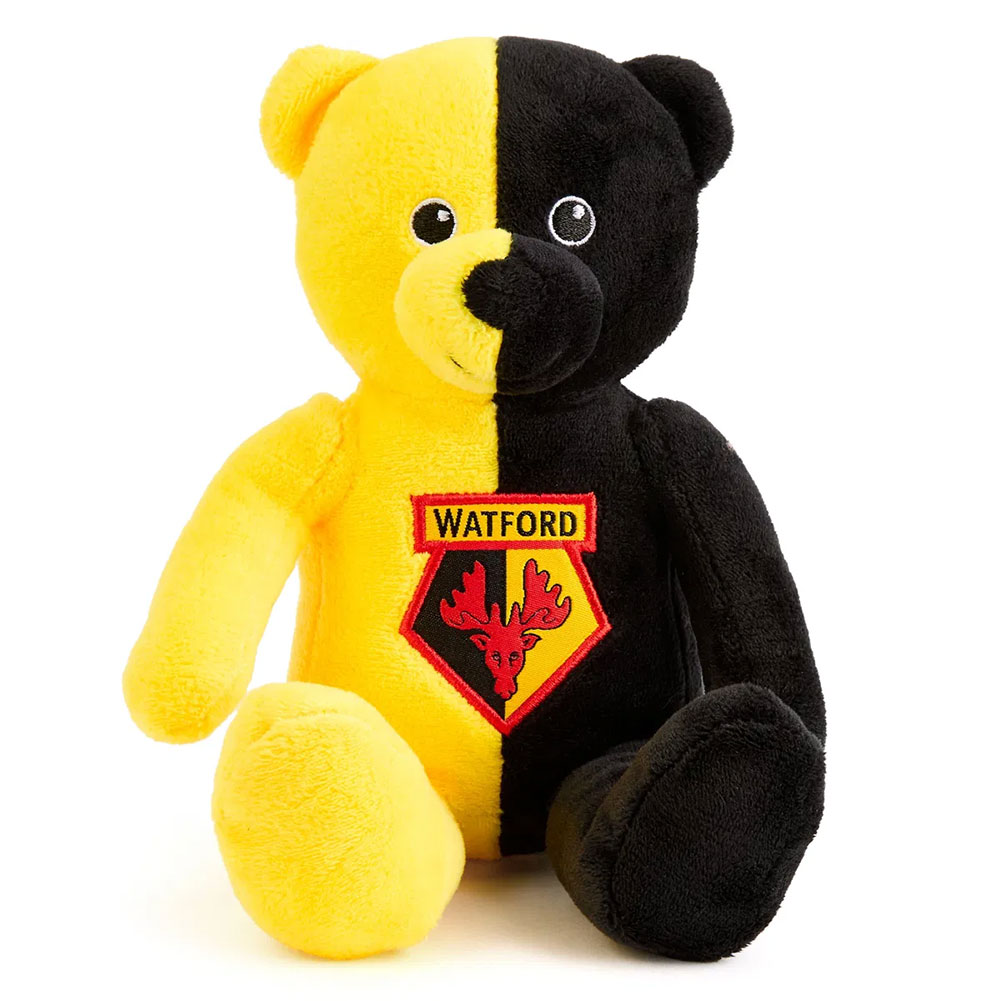 Watford FC soft plush contrast teddy bear with a Watford crest on the chest