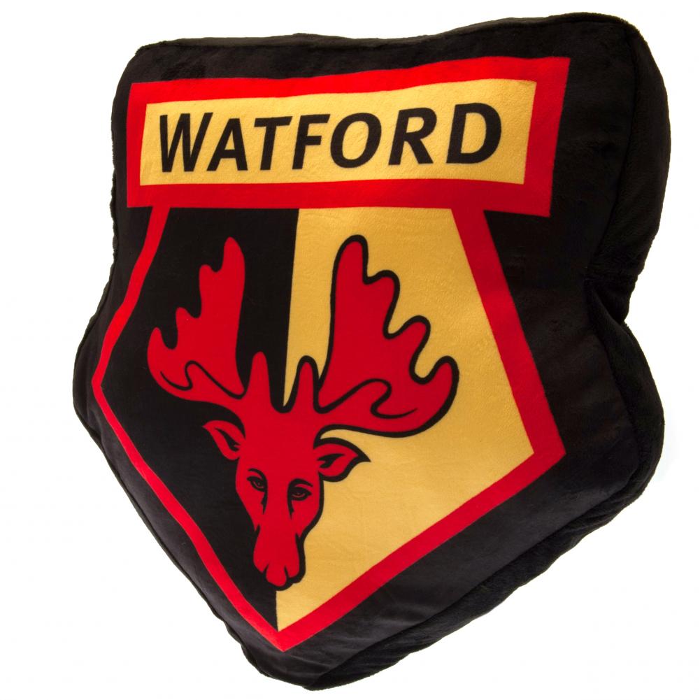 Black Watford FC crest shaped cushion with a swing tag