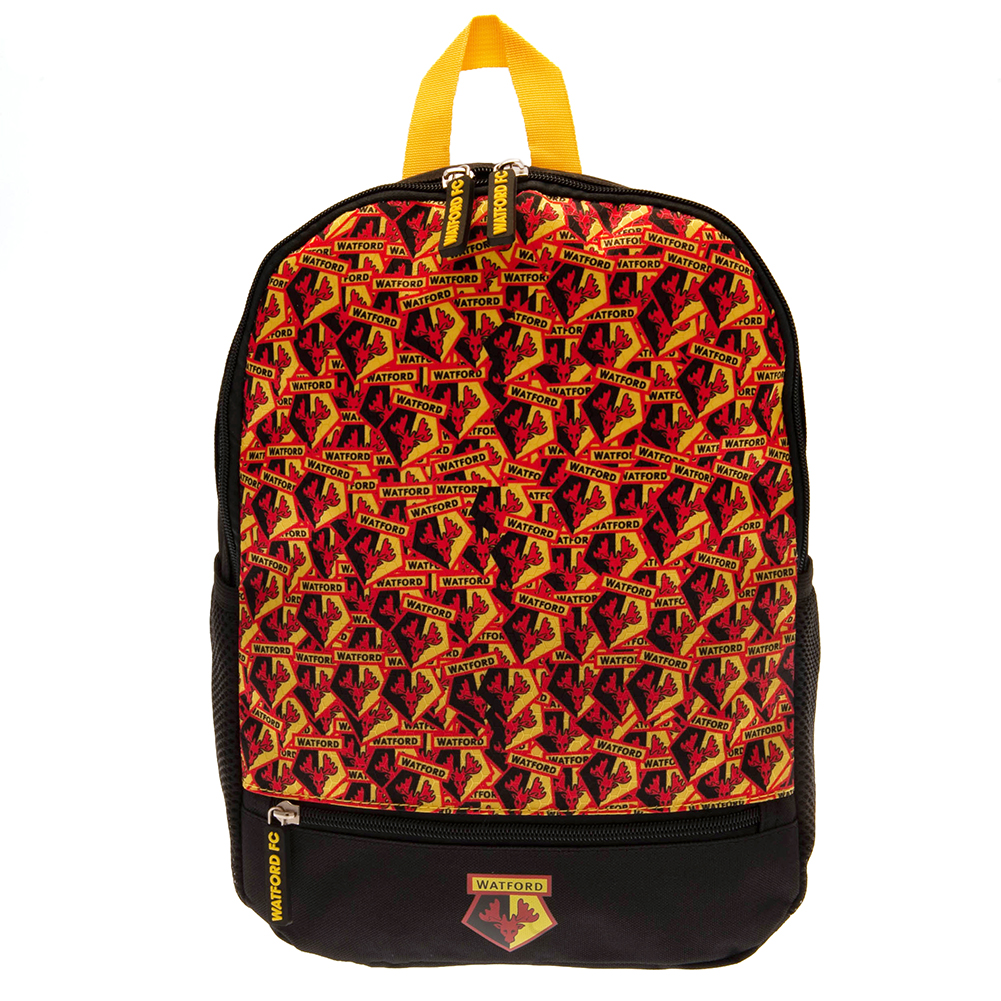 Black and yellow Watford junior backpack featuring multiple Watford club crests