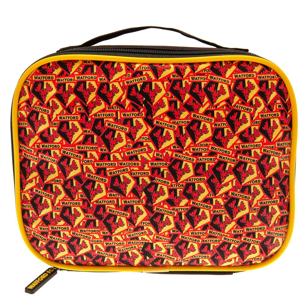 Black and yellow Watford FC lunch bag featuring multiple Watford club crests, with carry handle and name tag