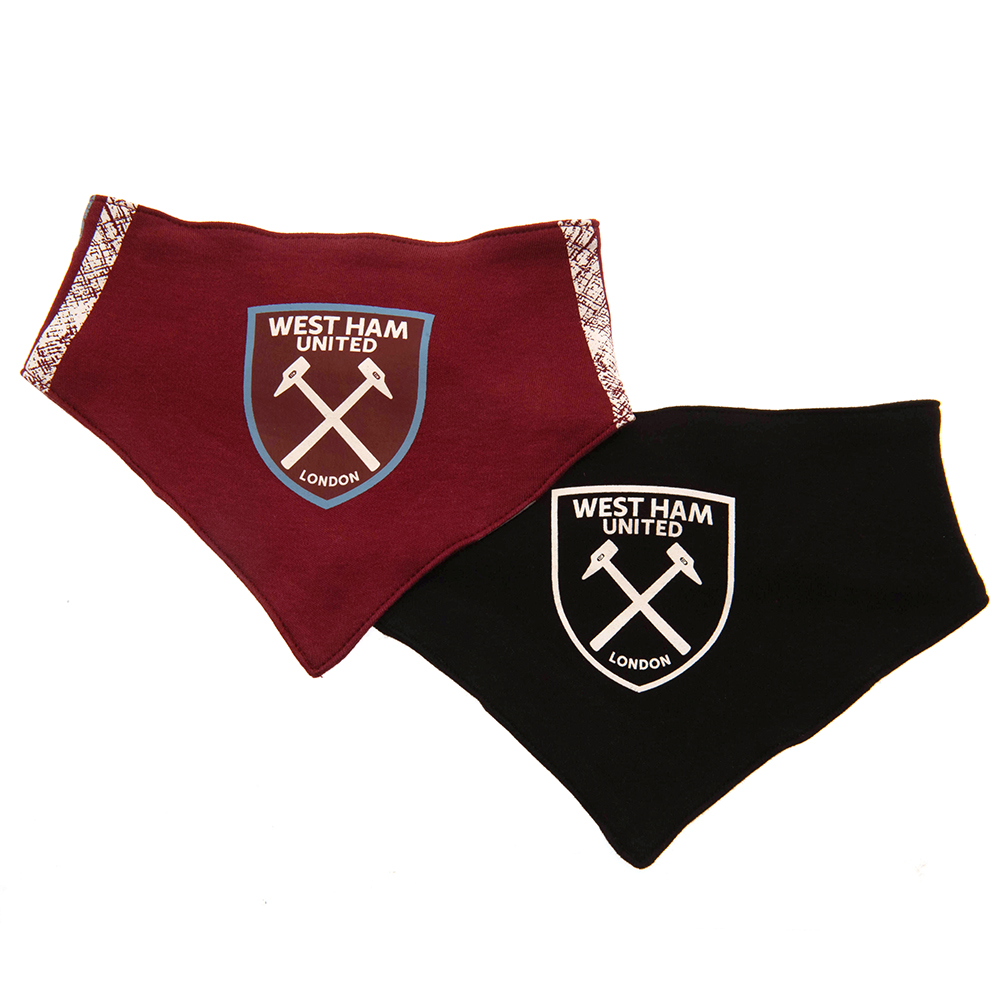 Pack of two West Ham United FC contrast colour baby bibs with a full colour club crest, on a header card