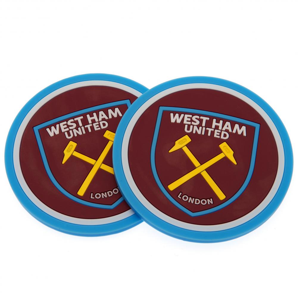 Pair of West Ham United FC silicone coasters with a vibrant stamped Hammers crest