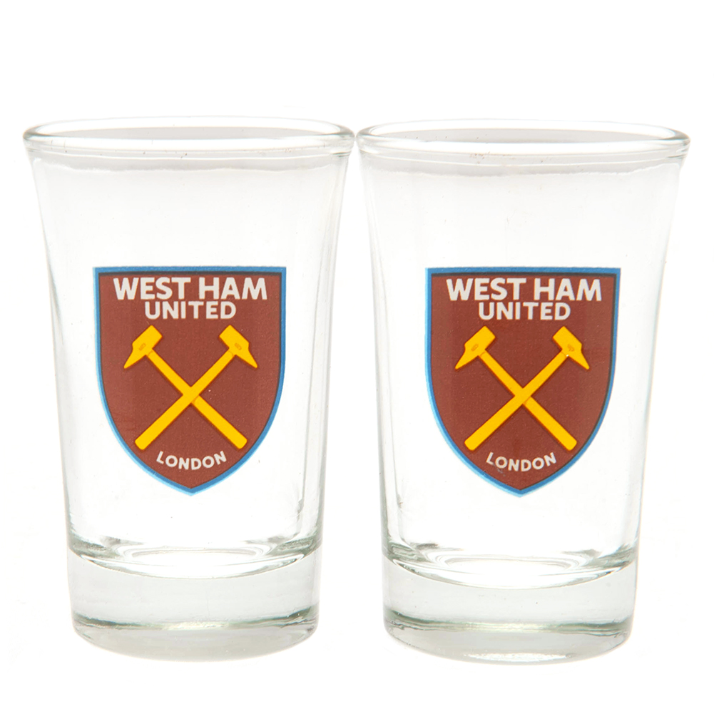 Pair of West Ham United FC shot glasses with a full colour Hammers club crest