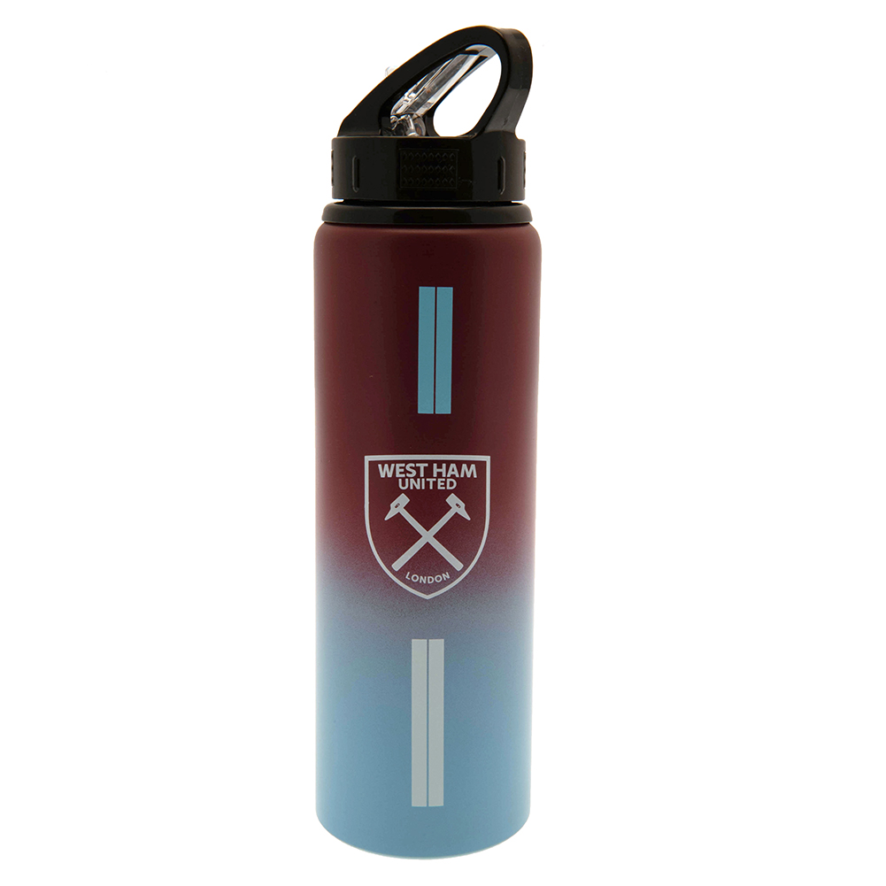 West Ham United FC 750ml aluminium drinks bottle with a vibrant stripe design and the crest and text in white