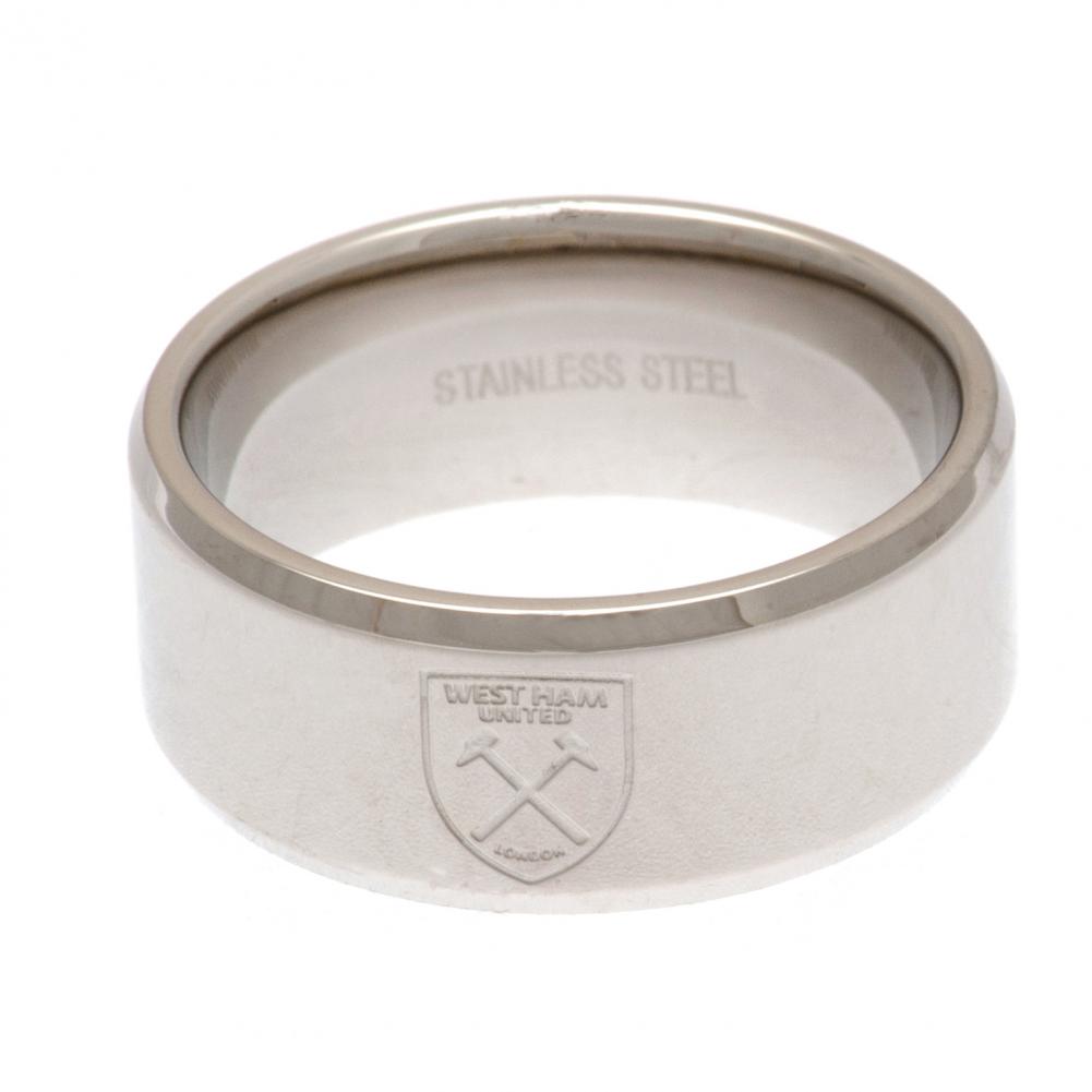 West Ham United FC stainless steel band ring with a chrome finish and engraved Hammers club crest