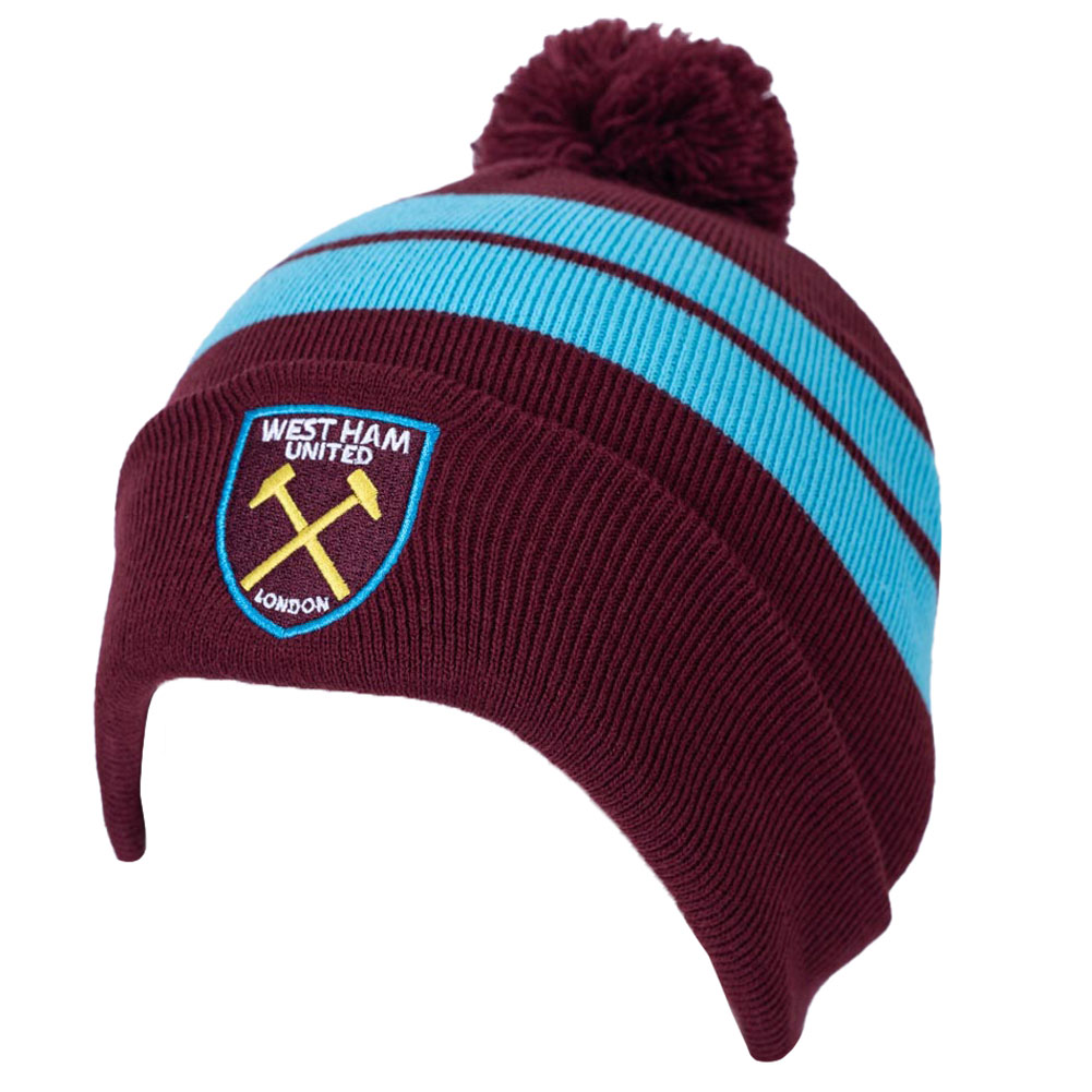 West Ham United FC claret and blue bar knit cuff beanie with a claret bobble and embroidered crest