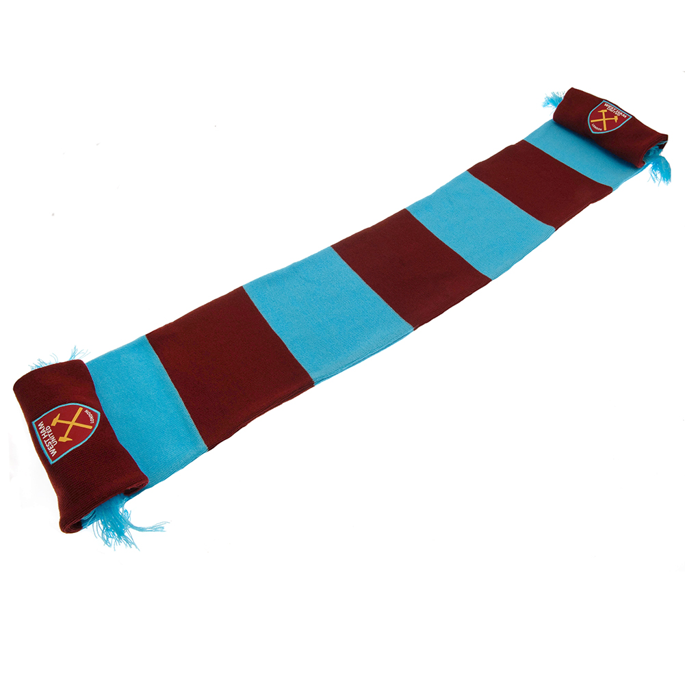 West Ham United FC claret and blue bar stripe jacquard knit scarf with blue fringe and woven patch