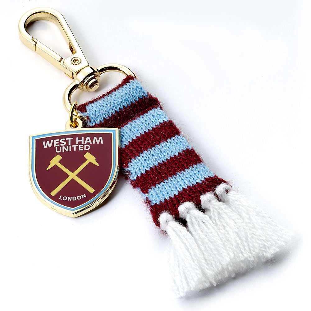 West Ham United claret and blue bar scarf bag charm with full colour crest charm and lobster claw clasp