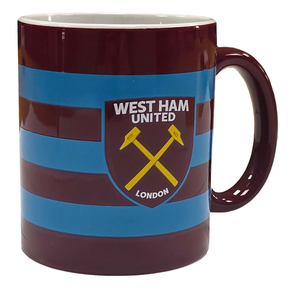 West Ham United FC ceramic mug with a bar stripe design, full colour crest and a claret handle