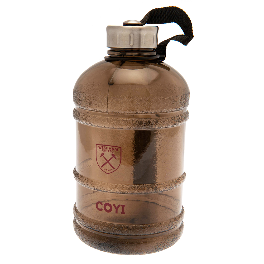 West Ham United FC large clear barrel water bottle with the crest and claret text, a metal lid and carry handle