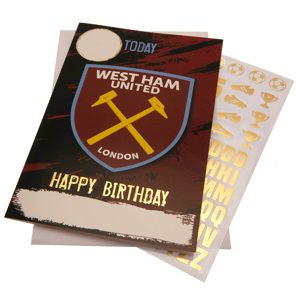 West Ham United FC claret and blue gloss birthday card with gold stickers and a space for name and age
