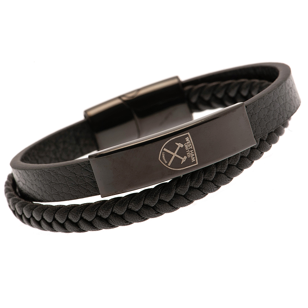 West Ham United FC twin genuine leather bracelet with a black IP crest plate and engraved Hammers logo