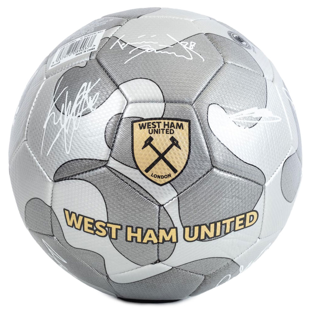 West Ham United FC silver metallic Size 5 football with the Hammers crest and white player signature prints