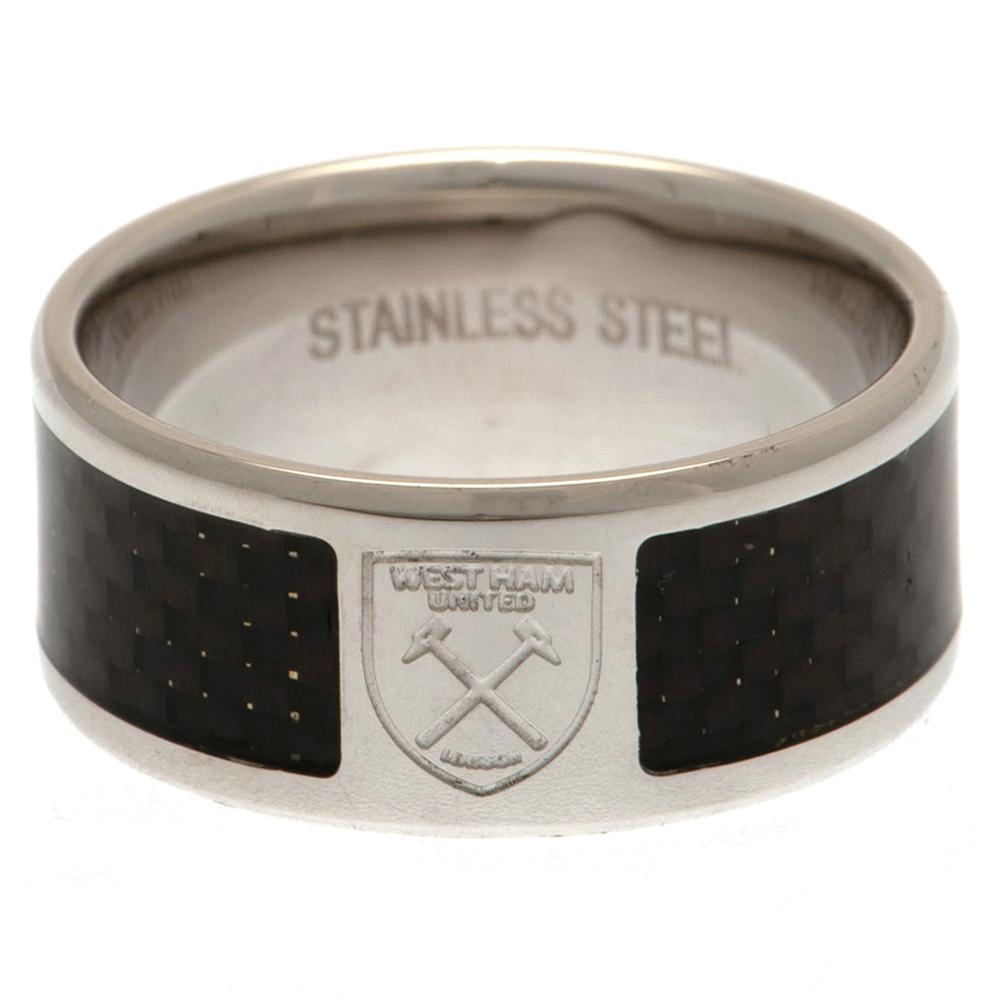 West Ham United FC stainless steel ring with a carbon fibre woven effect insert and engraved Hammers crest