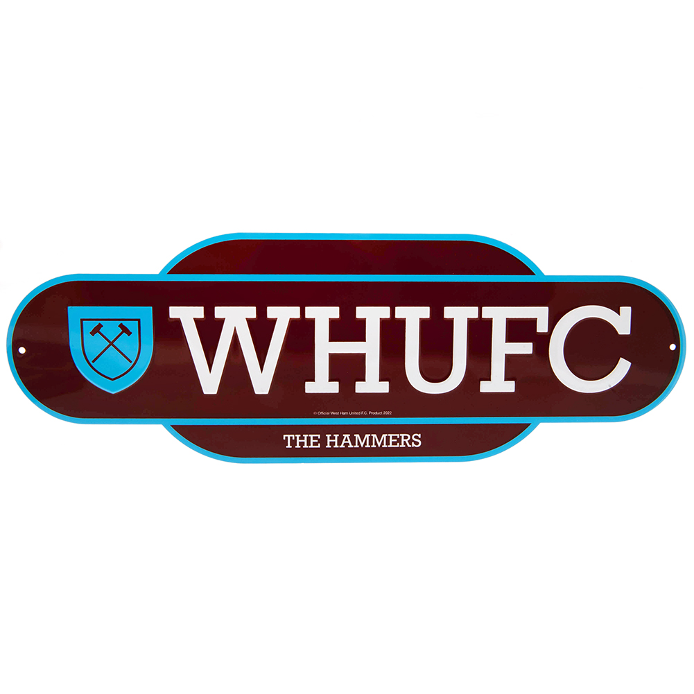 West Ham United FC colour metal hanging sign with a retro West Ham crest and The Hammers text