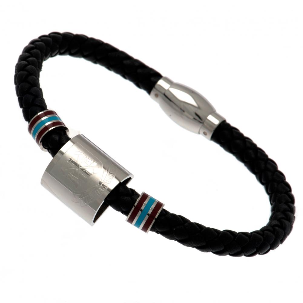 West Ham United FC black genuine leather rope bracelet with steel colour rings and an engraved club crest