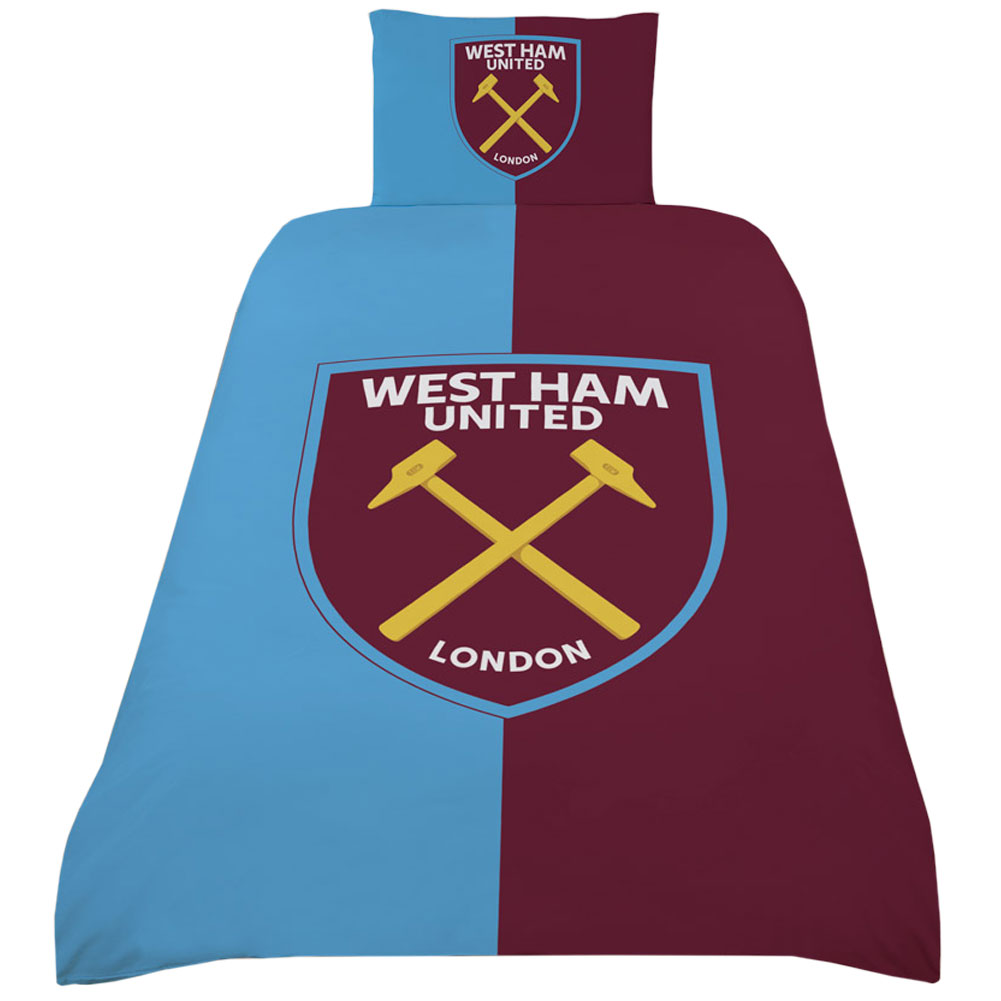 West Ham United FC colour split single duvet cover with a large central club crest and a pillowcase