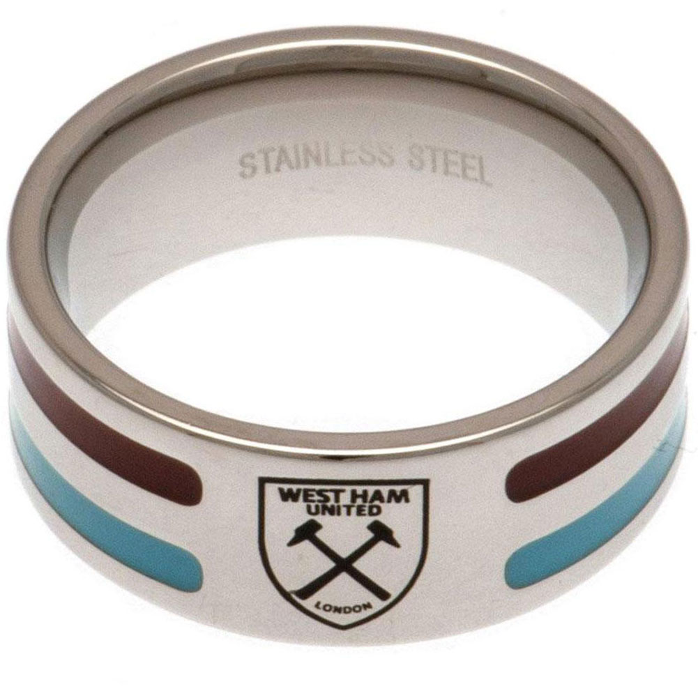 West Ham United FC stainless steel ring with claret and blue colour inserts and an engraved Hammers crest