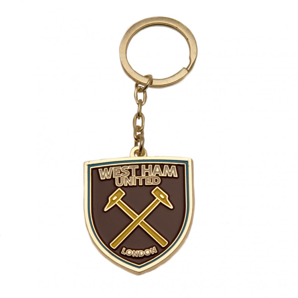 West Ham United FC crest shaped metal keyring with full colour enamel infill and a gold style finish