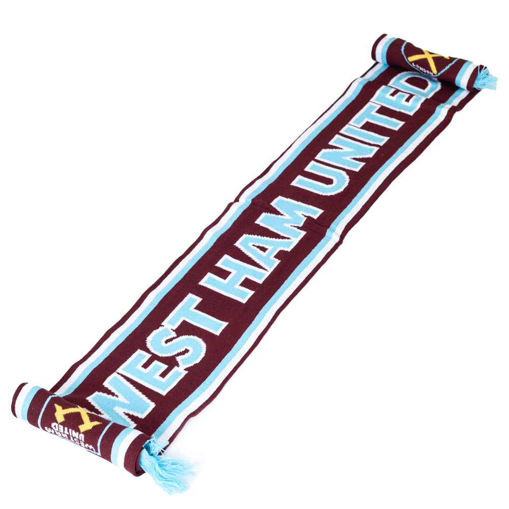 West Ham United FC claret and blue jacquard knit scarf with blue fringe, full colour crest and club name