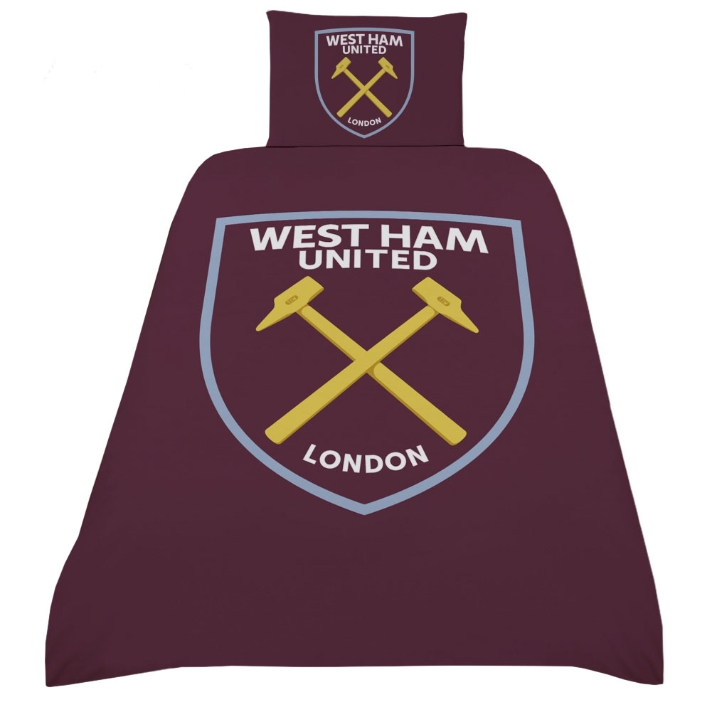West Ham United FC claret single duvet cover with a Hammer crest in the centre and a crest pillowcase