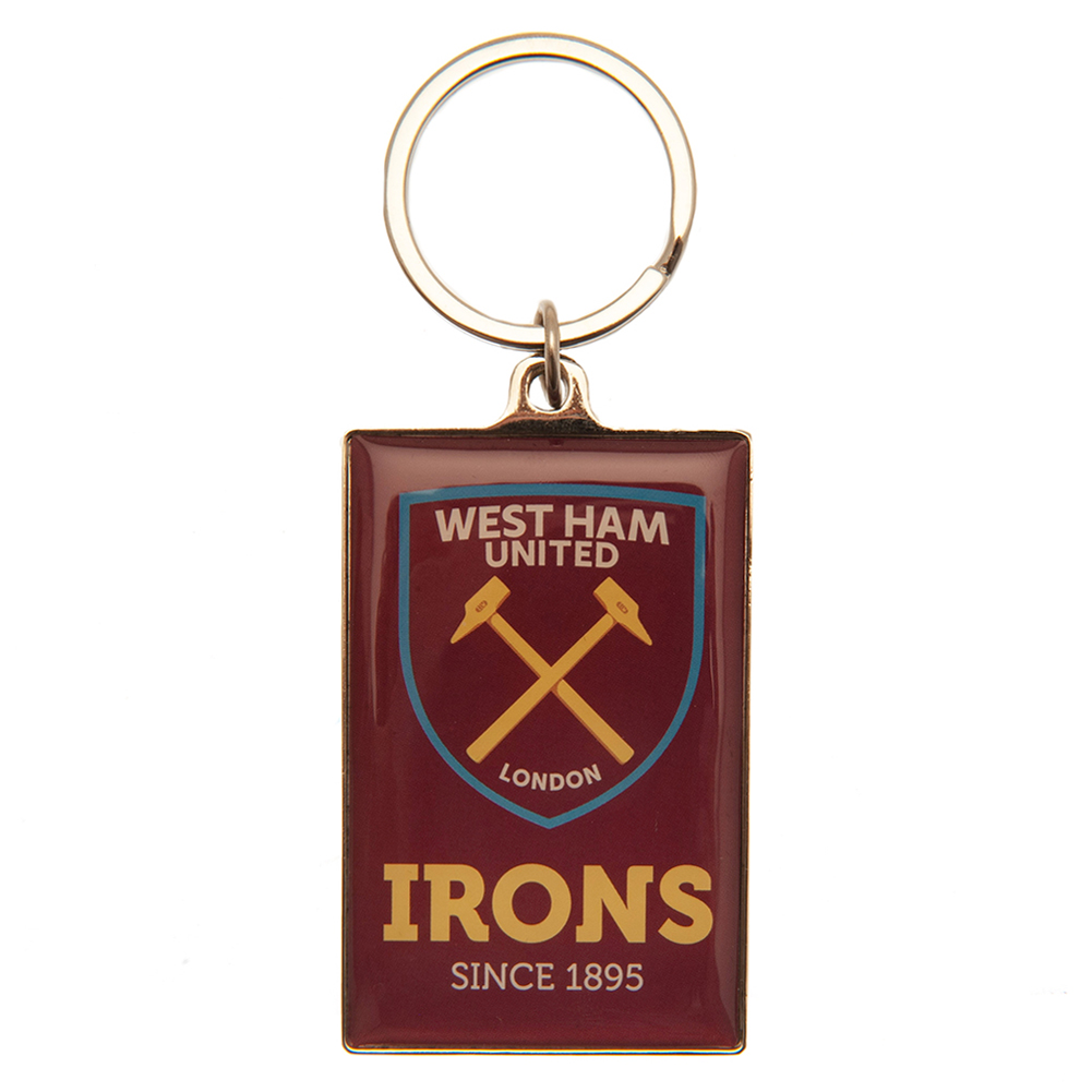 West Ham United FC rectangular silver style metal keyring with crest and slogan beside a velvet pouch