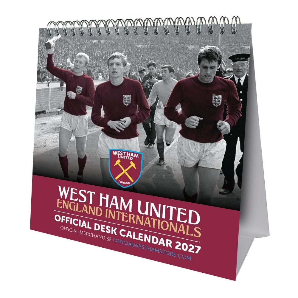 West Ham United FC 2027 desk easel calendar featuring images of West Ham legends on a header card