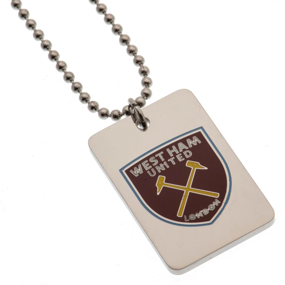 West Ham United FC stainless steel dog tag with a colour inlay Hammers crest on a chrome finish and ball chain