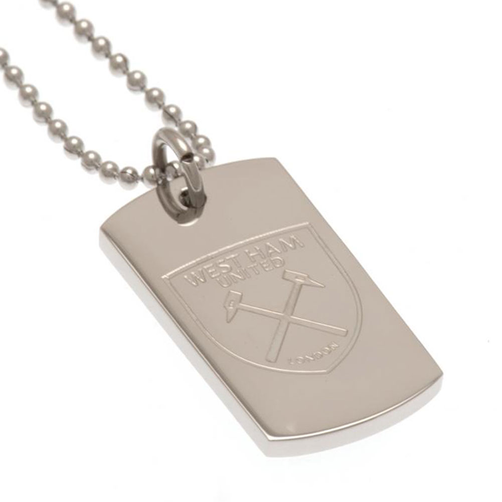 West Ham United FC chrome finish stainless steel dog tag engraved with the Hammers crest on a ball chain