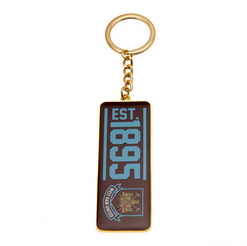 West Ham United FC long rectangular gold style metal keyring with a full colour enamel founding year design