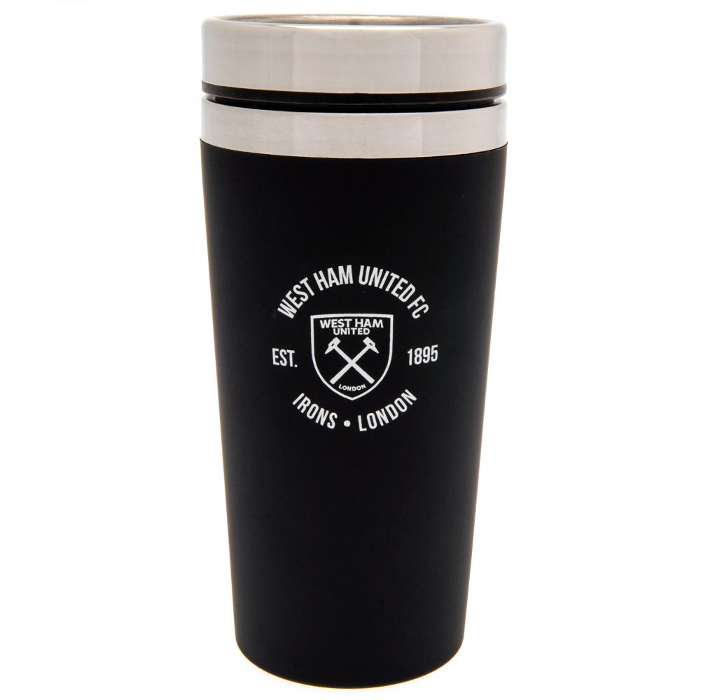 Matt black West Ham United stainless steel travel mug with a silver rim screw top lid