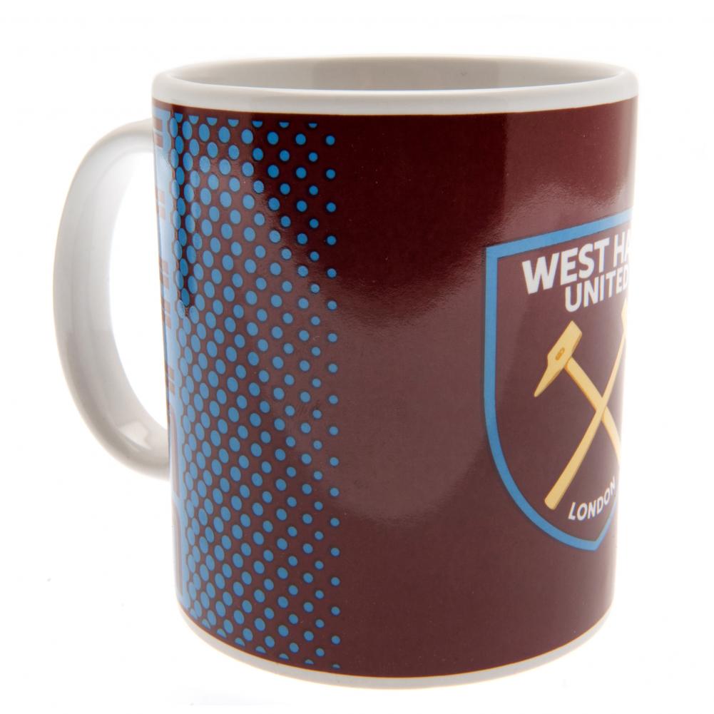 West Ham United FC ceramic mug with a fade design featuring WHUFC text and a full colour club crest
