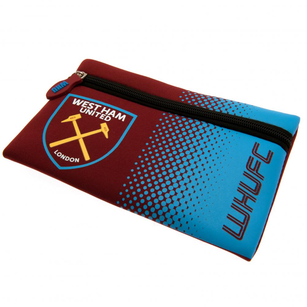 West Ham United FC neoprene zipped pencil case with a full colour Hammers crest on a claret and blue fade