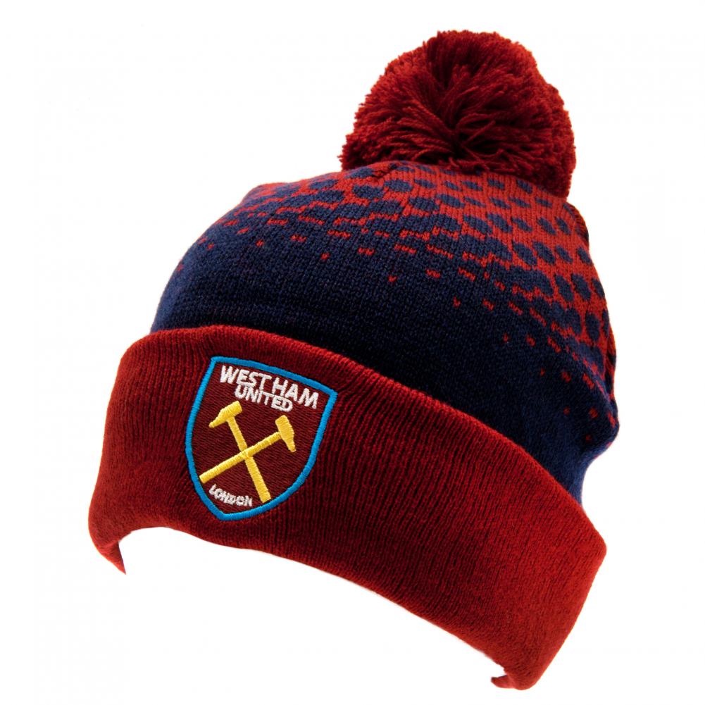 West Ham United FC claret and navy fade cuff knit bobble hat with a claret bobble and embroidered crest