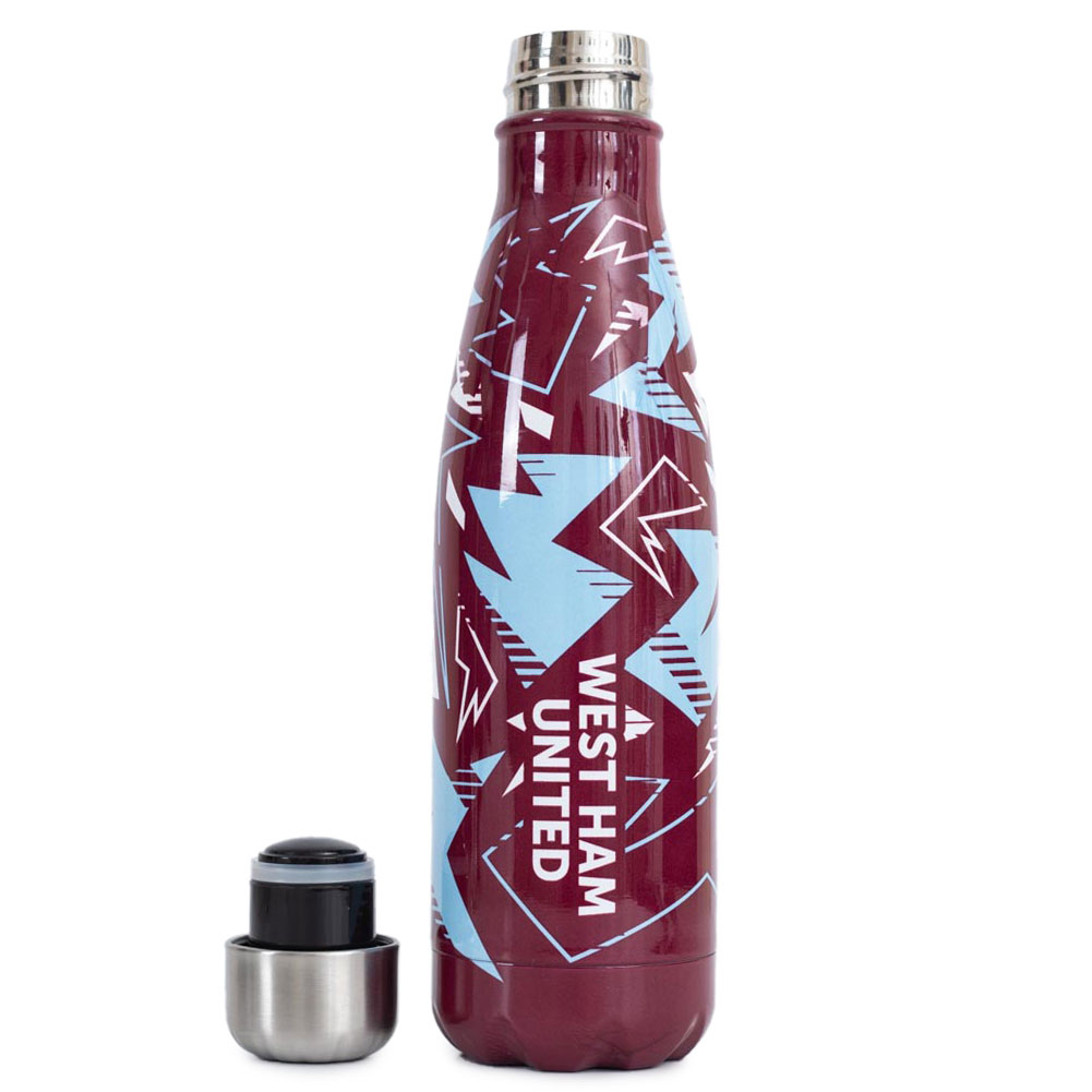 Claret West Ham United FC thermal flask with a sky blue and white fragment pattern and West Ham crest