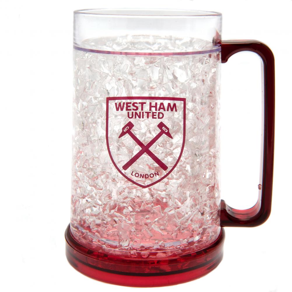 West Ham United FC frosted freezer mug with a claret base, claret handle and the West Ham club crest