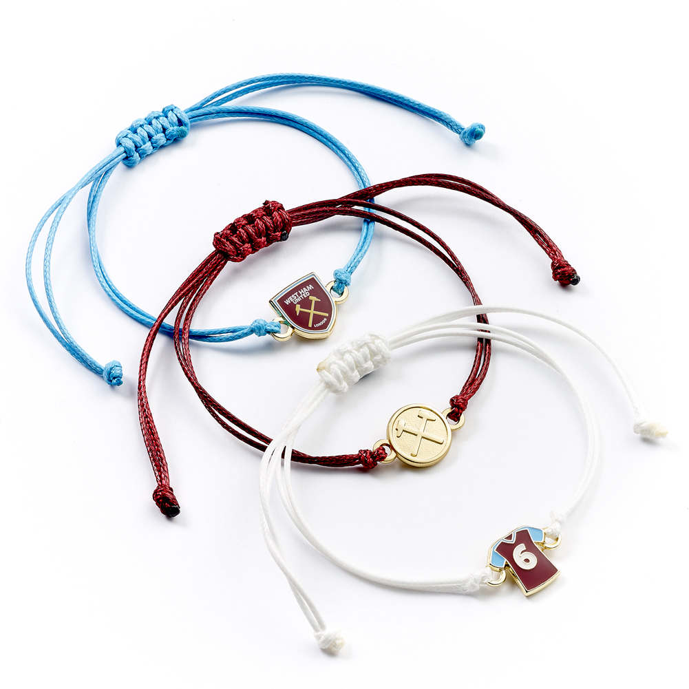 Set of three colourful West Ham United FC friendship bracelets, each with a bespoke West Ham charm