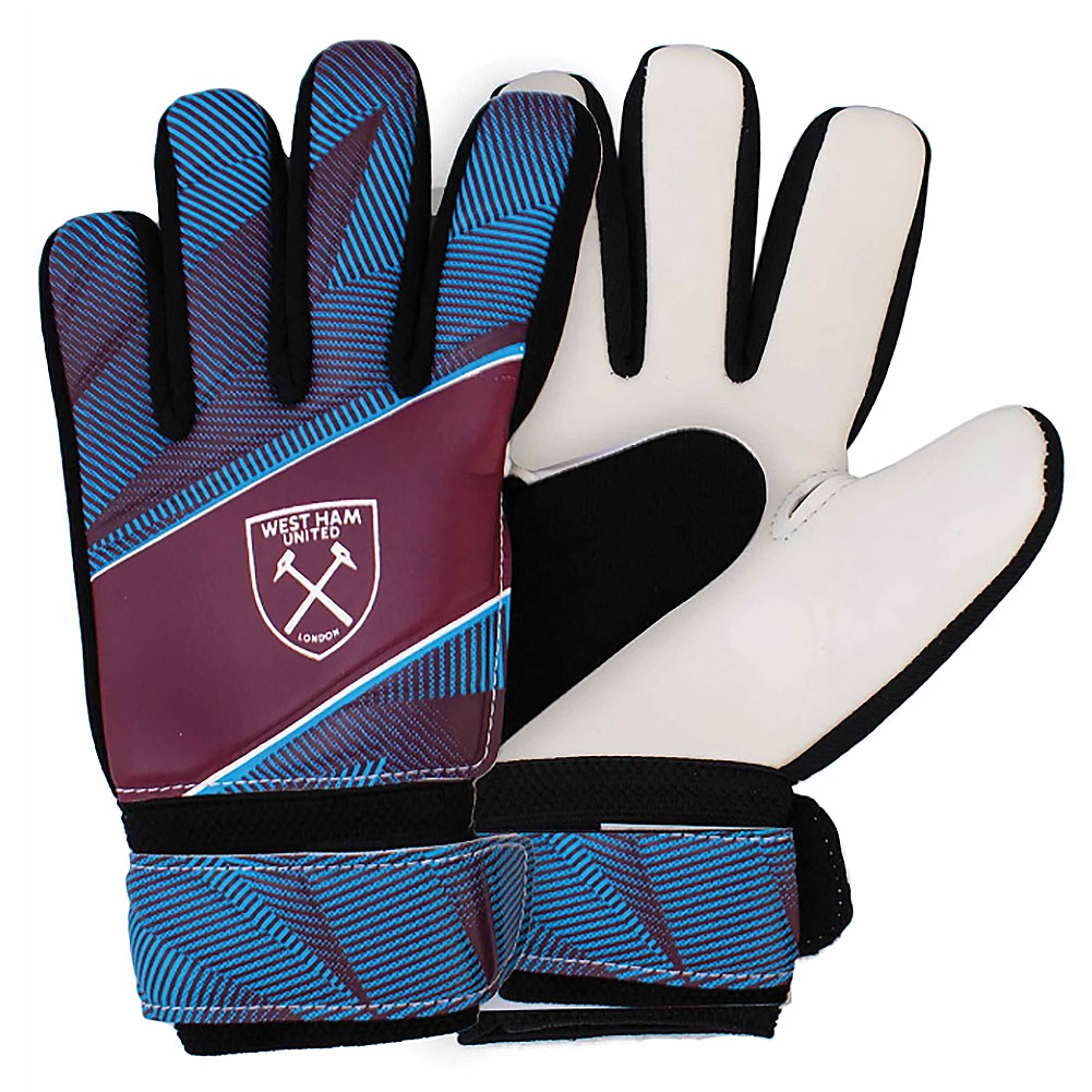 West Ham United FC kids claret and blue Fuse design goalkeeper gloves with a white West Ham crest