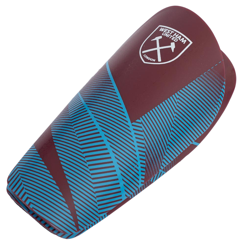 Blue and claret West Ham United FC Fuse kids slip-in shin guards with a white West Ham crest