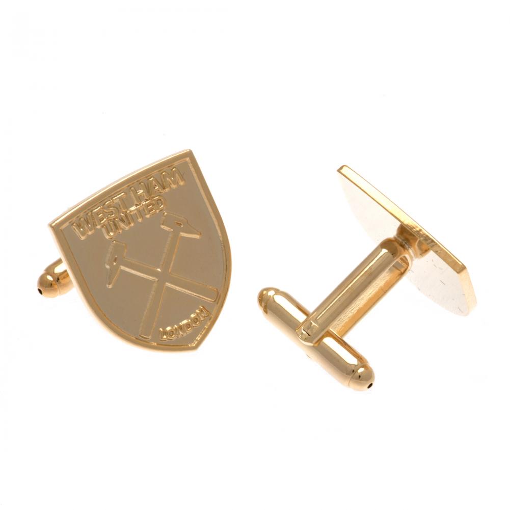 Pair of West Ham United FC gold plated crest shaped cufflinks with a detailed formed Hammers crest