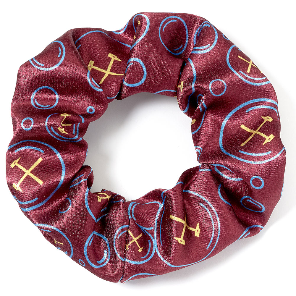 Colourful West Ham United FC satin hair scrunchie featuring West Ham club icons