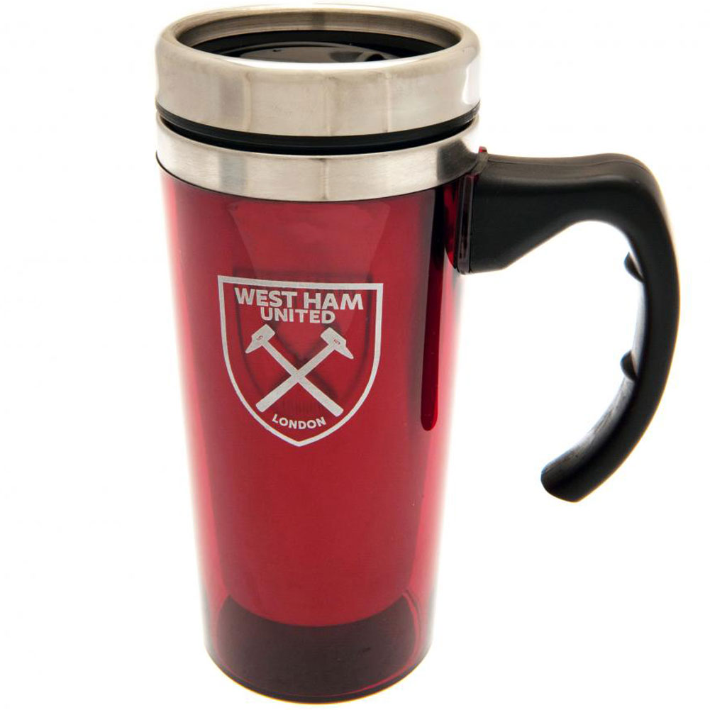 Claret translucent West Ham United stainless steel travel mug with a printed crest and ergonomic handle