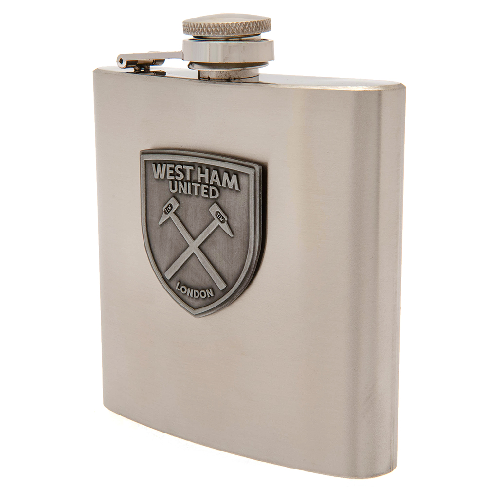 West Ham United 6oz stainless steel hip flask with an antique style badge and a presentation box