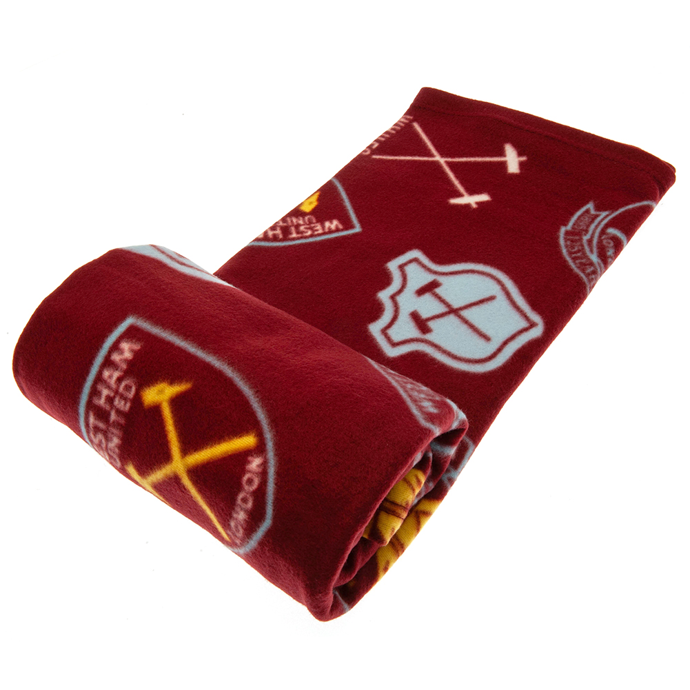 West Ham United FC claret fleece blanket with a repeat pattern of a selection of West Ham crests