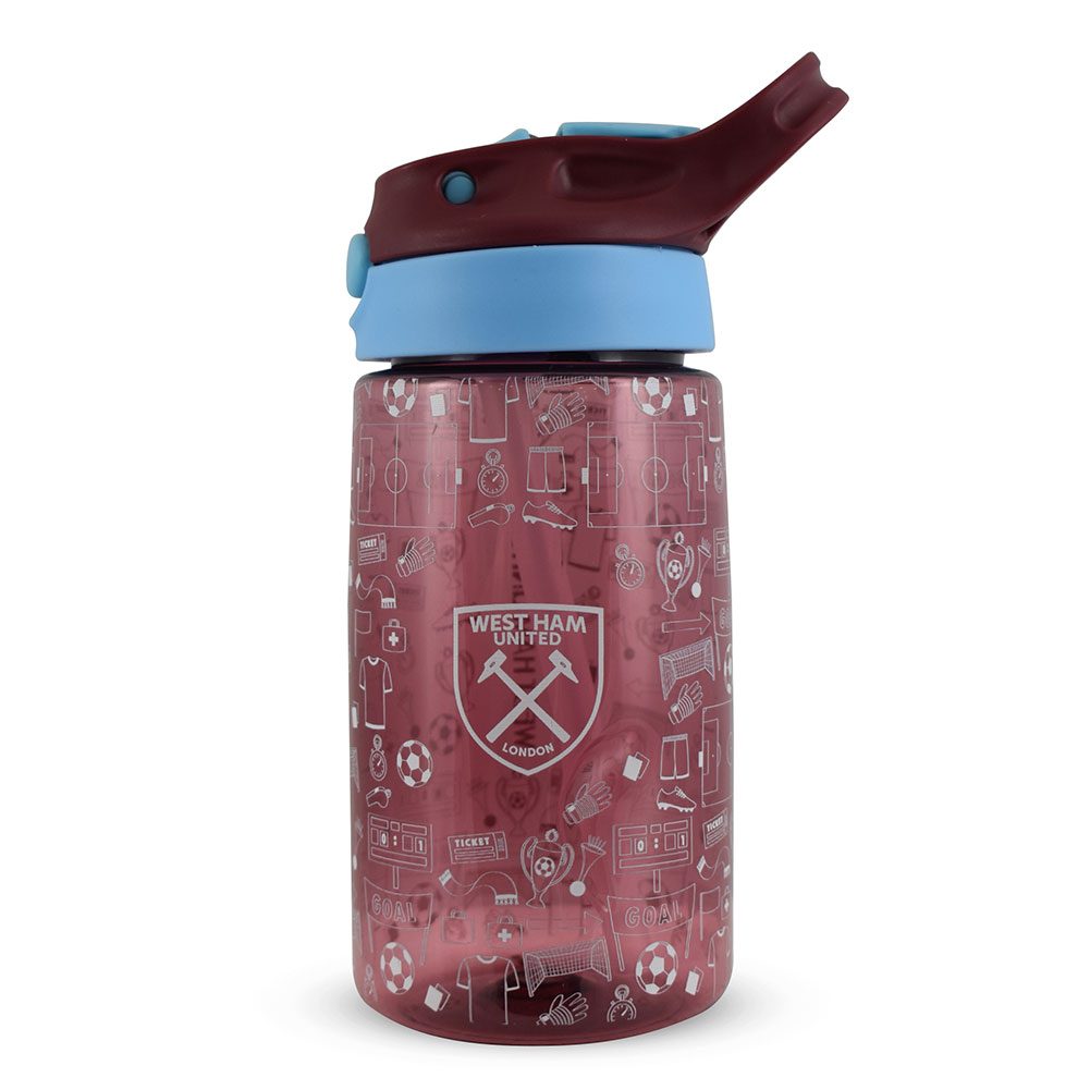 Claret West Ham United FC kids water bottle with a white West Ham crest and fun icon design