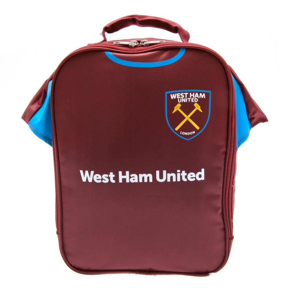 West Ham United home shirt design lunch bag with West Ham United text, club crest, name tag and handle