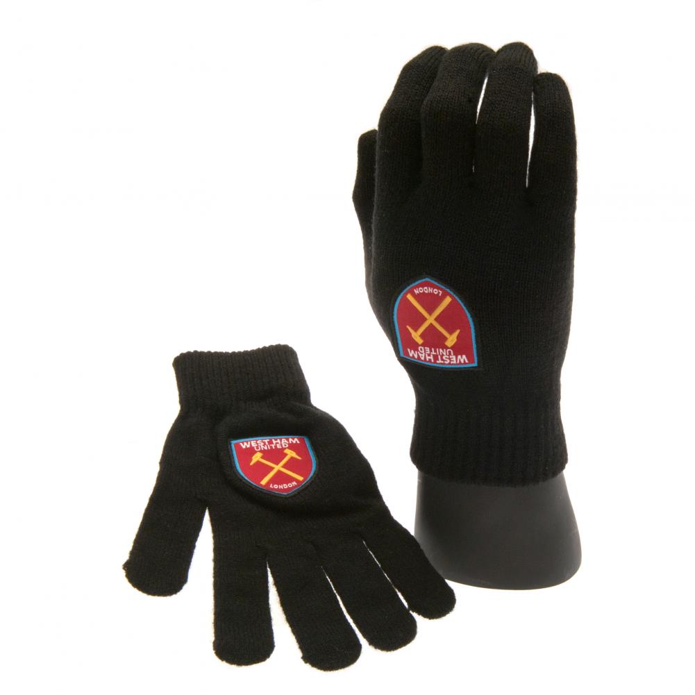Pair of West Ham United FC children's black knitted gloves with a full colour club crest